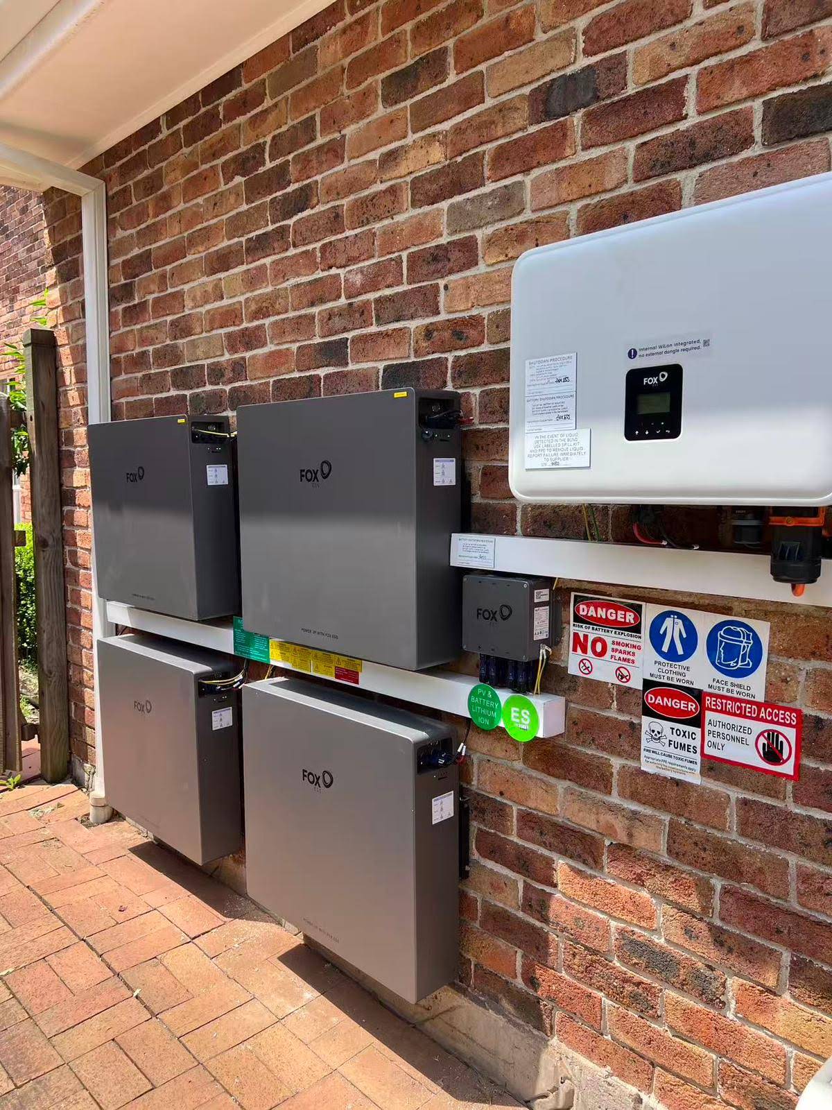 FoxESS inverter and batteries on brick wall